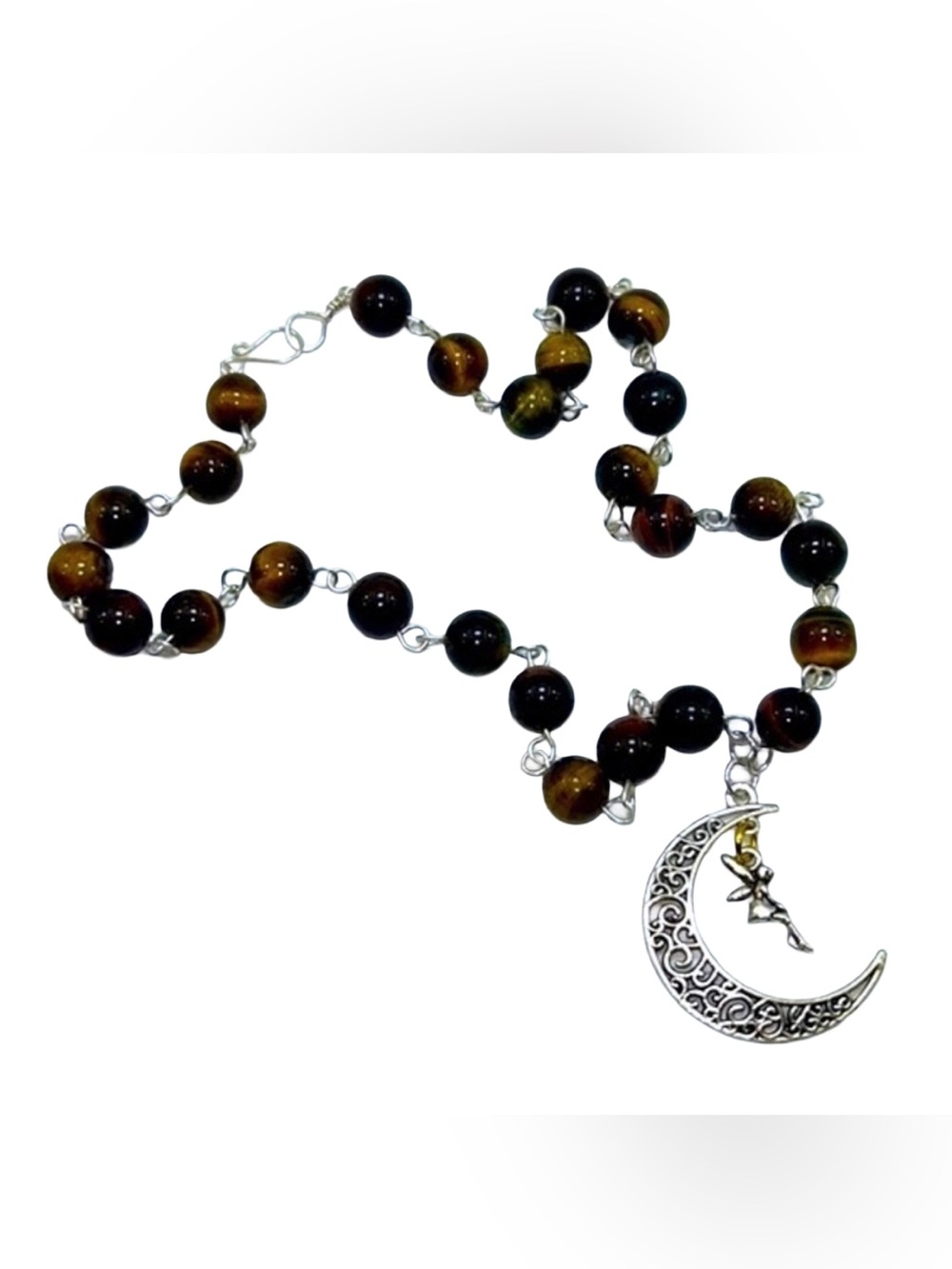 Handmade Filigree Moon & Ferry Necklace with Natural Tiger Eye Stones!